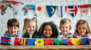 Joyful kids from diverse backgrounds holding various international flags. This vibrant image showcases unity, diversity, and cultural awareness among children. Perfect for educational and promotional use. AI